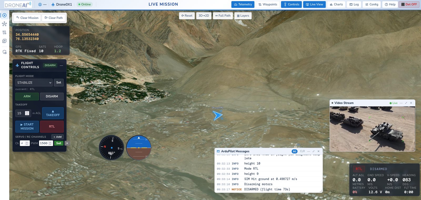 Mission console — live map, video and ArduPilot messages