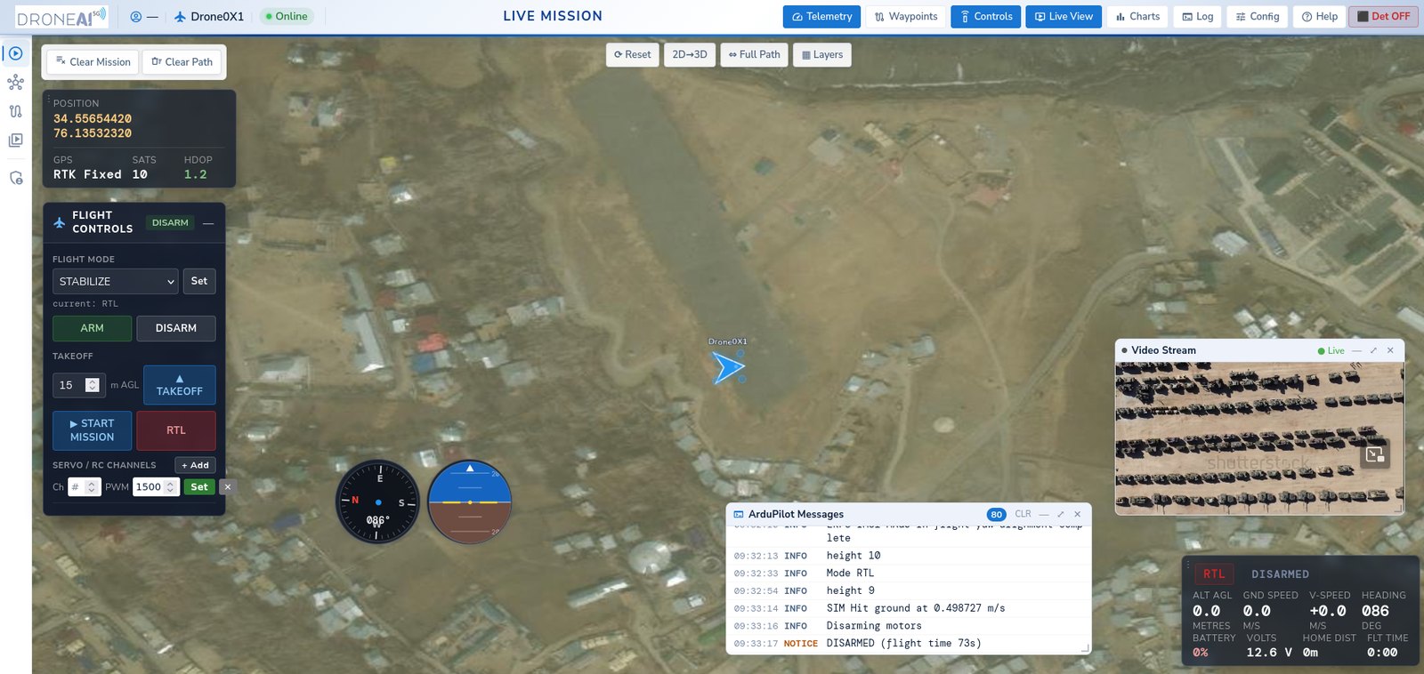 Live Mission — map, live video and telemetry