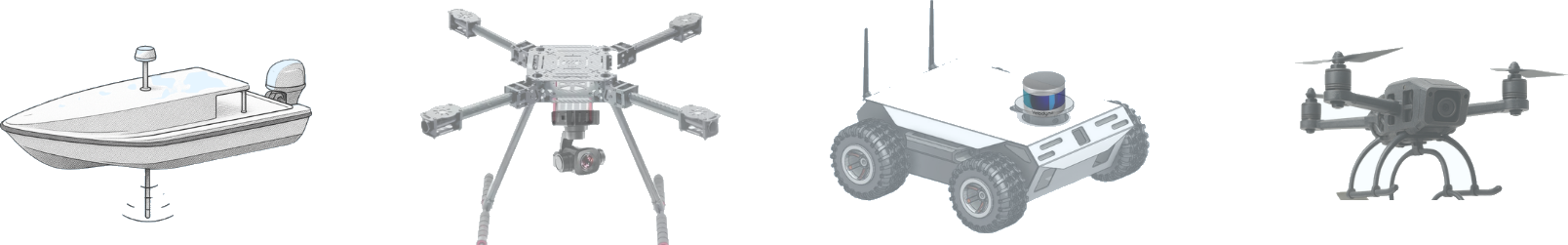 The DroneAI platform across a USV, UAV, UGV and a UAV — one module for air, ground and sea