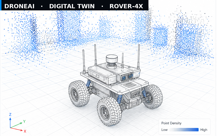 Digital twin — a live 3D model of the rover in its point-cloud environment with telemetry
