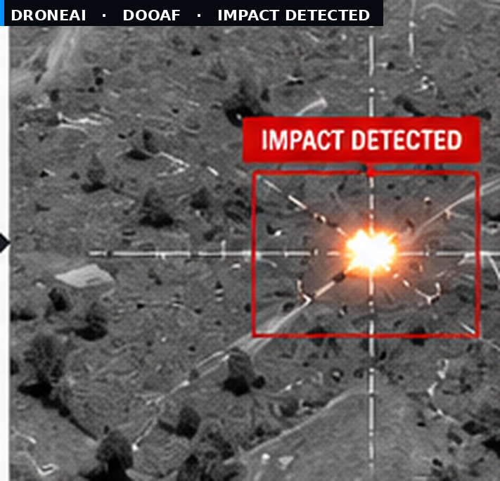 DOOAF — AI artillery fire correction: impact detection with crosshairs and an IMPACT DETECTED marker on an IR feed